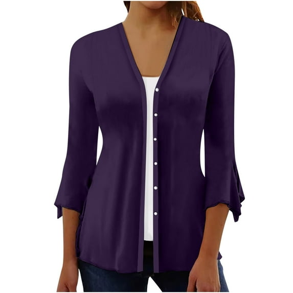LEAVINGSUO Button Down Shirts for Women, Womens Tops Womens Fashion Fashion Women Summer 3/4 Sleeve Cardigan Solid Color Casual Blouse Tops
