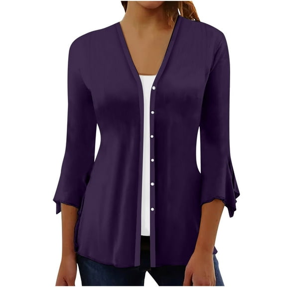 LEAVINGSUO Button Down Shirts for Women, Womens Tops Womens Fashion Fashion Women Summer 3/4 Sleeve Cardigan Solid Color Casual Blouse Tops