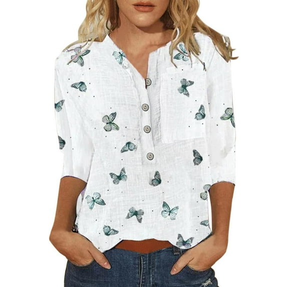 LEAVINGSUO Clearance Fall Clothes for Women Fashion Clearance,Women's Fashion Printed T-Shirt 3/4 Sleeves Blouse Round Neck Buttons Casual Tops White M