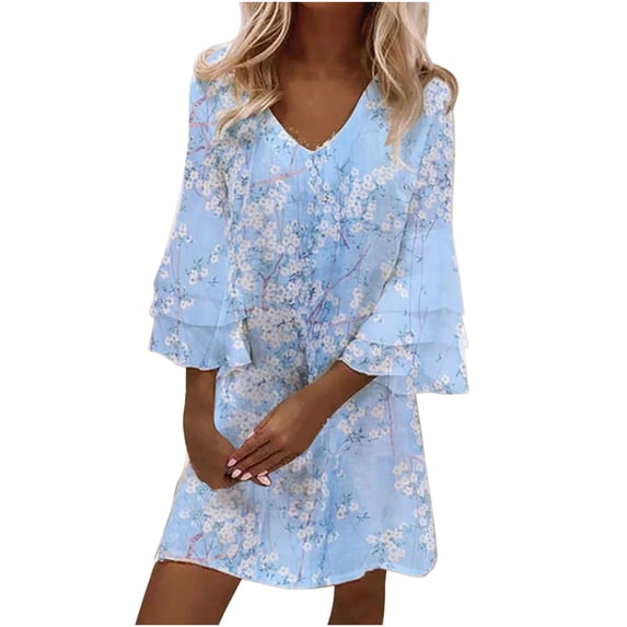 LEAVINGSUO Fall Dresses for Women 2023 Women's Pring V-Neck Sleeve Printed Ruffle Sleeve Dress Light Blue XL