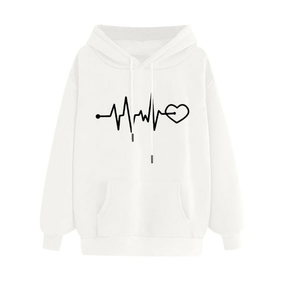 LEAVINGSUO Hooded Sweaters for Women,Women's Comfortable Sweater Heart Pattern Printed Women's Hooded Pocket Drawstring Sweater