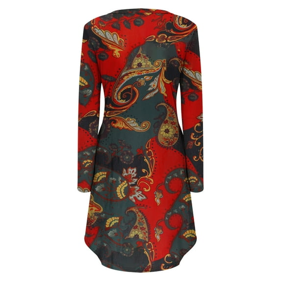 LEAVINGSUO Womens Dresses Women Sexy Fall Soft Long Sleeve formal Flower Irregular Tie-Dye Color Block Printing Fall Maxi Casual Ladies Dress Red L