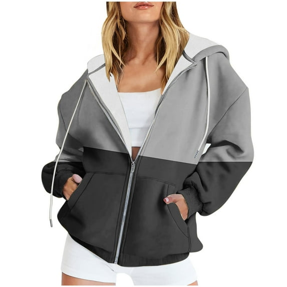 Black and Friday Deals 2023 Cotonie Women's Stitching Color Zip-Up Hoodies Drawstring Long Sleeve Round Neck Sweatshirt with Pockets 2023 Trendy Jacket,Gray,S