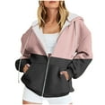 thumbnail image 1 of Black and Friday Deals 2023 Cotonie Women's Stitching Color Zip-Up Hoodies Drawstring Long Sleeve Round Neck Sweatshirt with Pockets 2023 Trendy Jacket,Pink,XL, 1 of 4