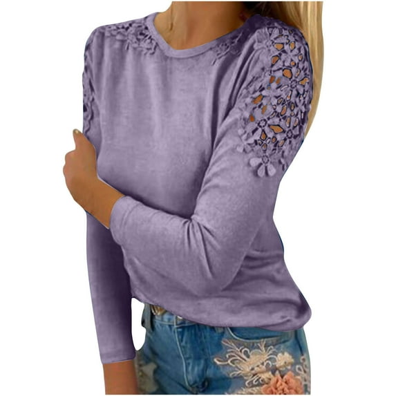 LEAVINGSUO Long Sleeve Shirts for Women, Fall Womens Tops Fashion Women Casual Round-Neck Lace Hollow Out Long Sleeve Pullover Slimming Blouse T-Shirt Tops Purple XXXL