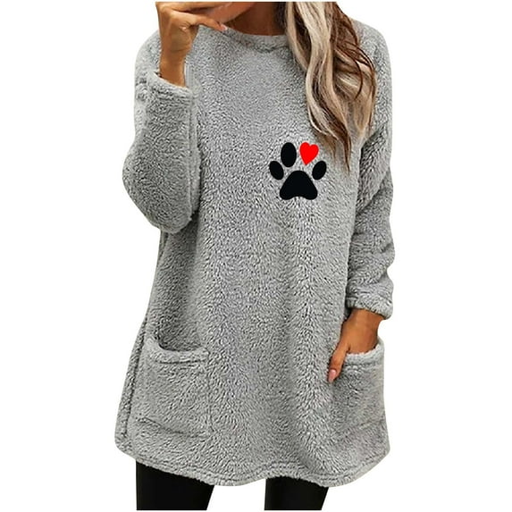 LEAVINGSUO Winter Clothes Clearance for Women Long Sleeve Fashion Women's Round- Neck and Winter Loose Print Pocket Warm Long Sleeve Blouse Tops Gray XXL