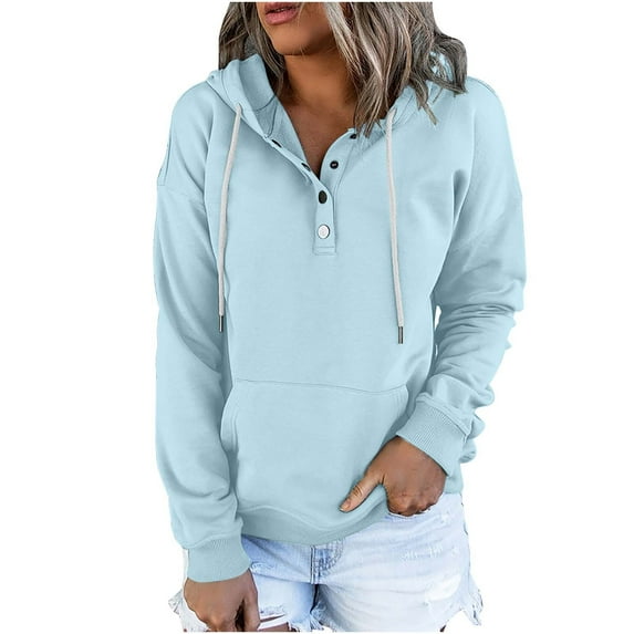 LEAVINGSUO Womens Tops Womens Fashion Womens Plus Size Fall Winter Women's Hooded Solid Color Long-sleeved Sweatshirt Casual Blouse Pullover Tops Light Blue M