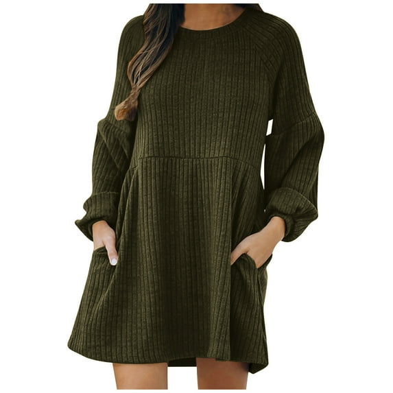 Spring Savings Clearance Lindreshi Fall Dresses for Women 2023 Homecoming Dresses Women Casual Solid Loose Knitted Medium Waist Sweater Dress Long Sleeve Round-Neck Dress