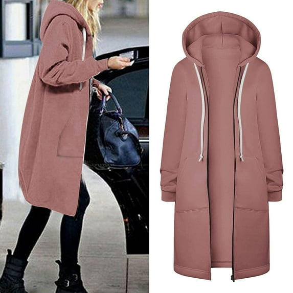 Black and Friday Deals 2023 Plus Size Zip Up Hoodies Women's Casual Long Tunic Sweatshirt Fall Winter Solid Color Drawstring Hooded Jacket Outerwear with Pockets