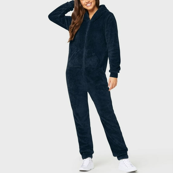 Black and Friday Deals 2023 Sherpa Jumpsuit Women Fuzzy Pajamas Women Zip-up Hoodie Plush Long Sleeve Pajama Solid Color One Piece Bodysuits Sleepwear Hooded Jumpsuit Plus Size