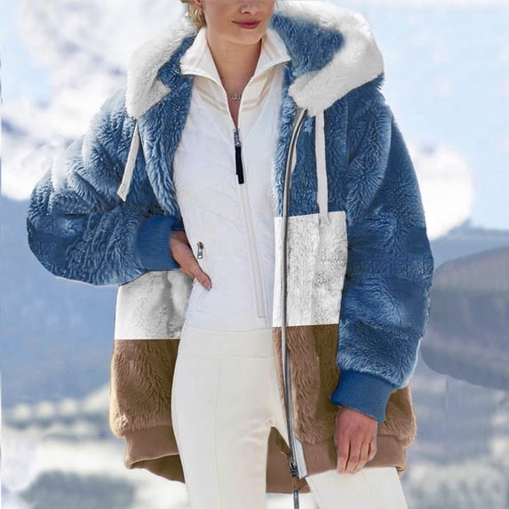 FAVIPT Plush Lined Coats for Women Plus Fuzzy Color Block Fleece Sherpa Jacket with Hood Winter Warm Shaggy Teddy Coat Khaki S