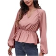 thumbnail image 1 of 2025 Clearance! asdoklhq Blouses for Women Clearance $5,Women's Autumn and Winter V-Neck Lantern Sleeve Chiffon Shirt Solid Color Waist Long-Sleeved Top, 1 of 9