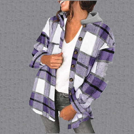 Black and Friday Deals 2024 Women's Flannel Shirt Casual Hooded Plaid Button Down Hoodie Jacket,Winter Classic Long Sleeve Drawstring Single Breasted Cardigan Tops with Pockets