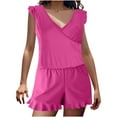 thumbnail image 1 of Black Friday Deals 2024!YABCSAZ Swimsuit for Women V Neck Seeveless Ruffle Tops Solid Color Built-in Bra Shorts With Pockets Summer Casual Soft Loose Flat Angle Jumpsuit, 1 of 8