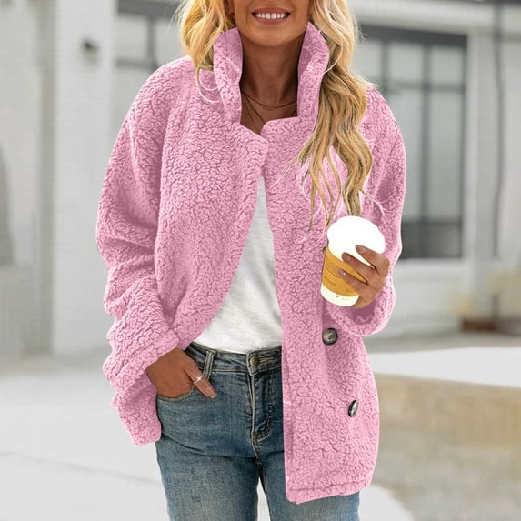 GaThRRgYP Soft Plush Women's Jacket with Zipper,Women Solid Fuzzy Fleece Jackets Stand Collar Long Sleeve Winter Warm Faux Button Coat Winter Clothing with Pockets Pink L