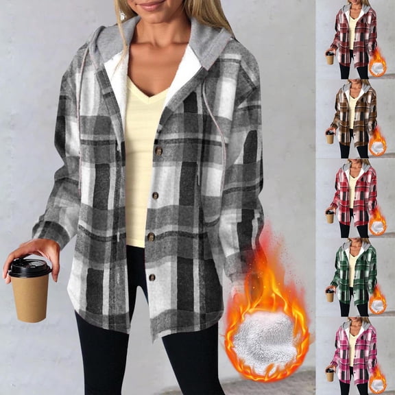 GaThRRgYP Fuzzy Fleece Jacket Women,Women's Casual Fashion Plaid Hooded Long-sleeve Buttoned Hooded Thick Sweatshirt Coat Top Red S