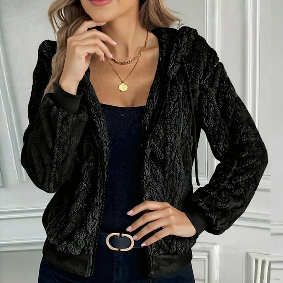 GaThRRgYP Women's Coats and Jackets,Women's Casual Winter Women's Cardigan Jacket Double-faced Fleece Short Hooded Top Black S