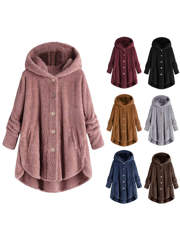 Stylish Plush Toggle Closure Women's Coat,Women Plus Size Button Tops Hooded Loose Cardigan Wool Coat Winter Pink M