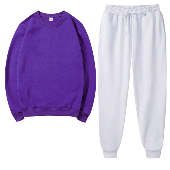 2PCS Outfits Men's And Women's Sports Tracksuits Long Sleeve Crewneck Solid Color Pullover Hoodless Sweatshirt And Sweatpants Fall Winter Suit  Purple L