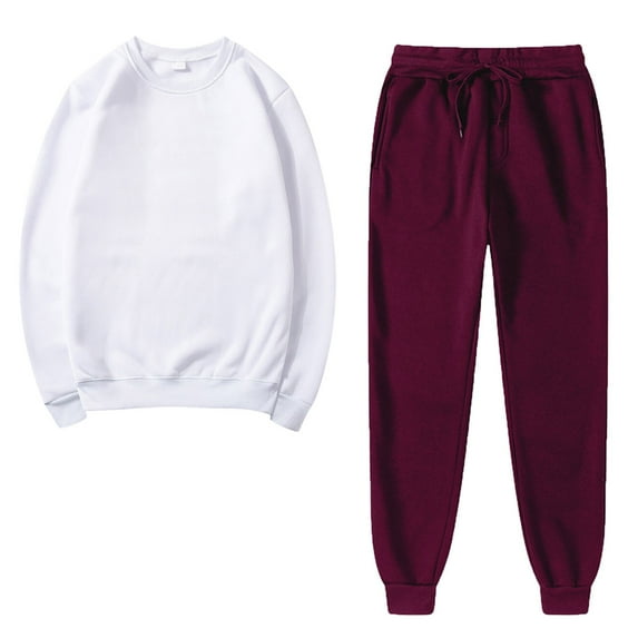 2PCS Outfits Men's And Women's Sports Tracksuits Long Sleeve Crewneck Solid Color Pullover Hoodless Sweatshirt And Sweatpants Fall Winter Suit White XL