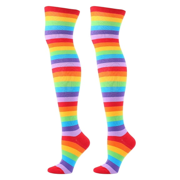 under 5.00 LYXSSBYX Fuzzy Socks for Women Hot Sale Spring Autumn Women Party Rainbow Striped Cotton Over The Knee Stockings