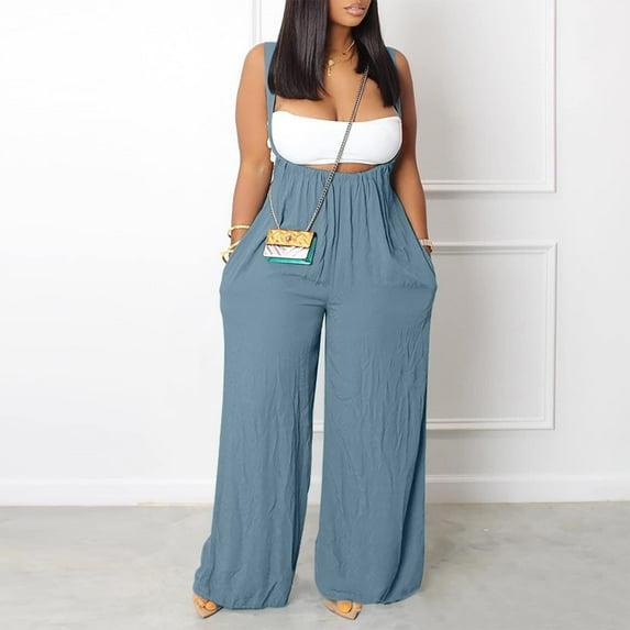 Black and Friday Deals 50% Off Clear!GaThRRgYP Women's Plus Size Trousers,Women's Casual Sleeveless Loose Straps Solid High Waist Wide Leg Jumpsuit Rompers With Pocket
