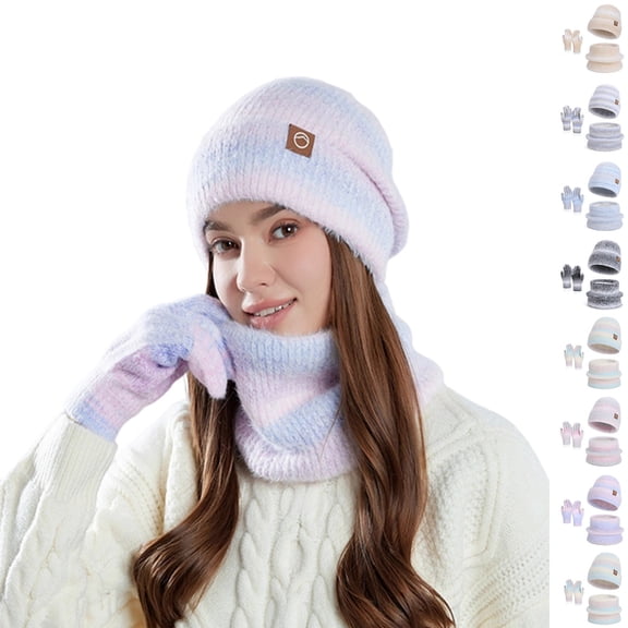 GaThRRgYP Women's Thick Knit Hat for Snow,Women's Winter Fashion Warm Earmuffs Knitted Hat Wool Cap Hat Scarf Gloves Three-piece Set Green Free Size