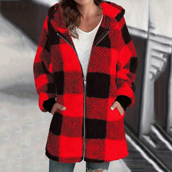 GaThRRgYP Womens Sherpa Jackets Fuzzy Hooded Zip Up Coats,Fashion Womens Warm Faux Coat Jacket Winter Zipper Solid Long Sleeve Outerwear Red L