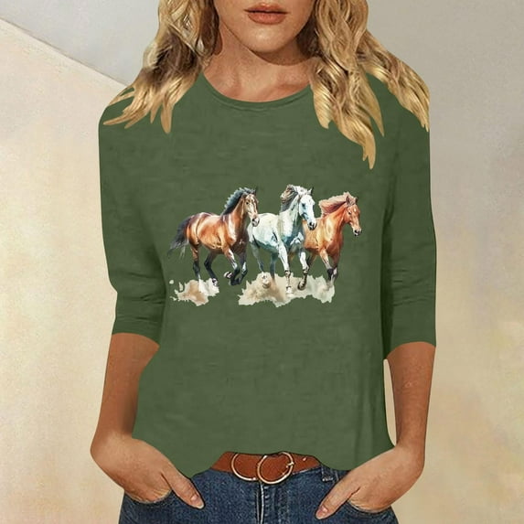 GaThRRgYP Womens Tops Long Sleeve Sweatshirts,Plus Size Tops Long Sleeve,Women's New 3/4 Sleeve Western Style Printed Casual Top T-shirt Green XL