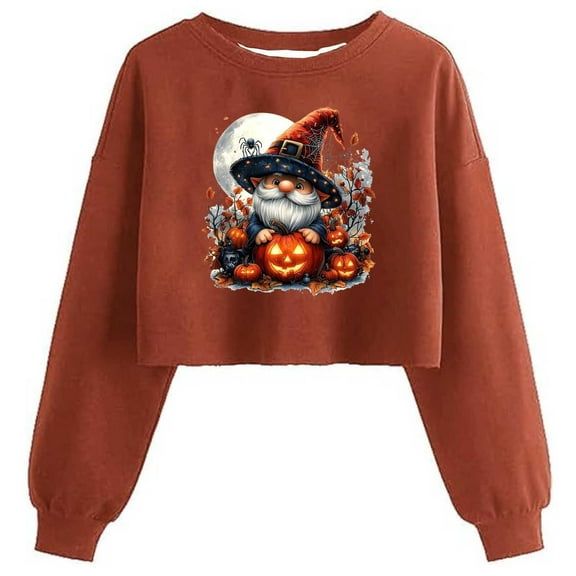 GaThRRgYP Womens Tops Trendy,Fashion Women's Halloween Non Positioning Printed Fashionable Loose Casual Round Neck Long Sleeved T-shirt Pullover Hoodie Top Orange XXL