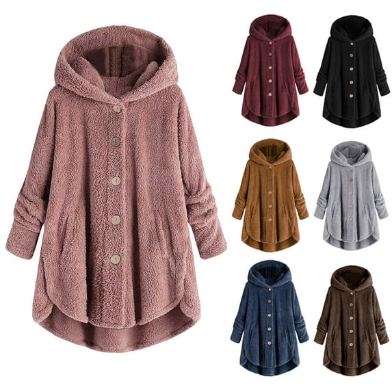 LEAVINGSUO Soft Plush Women's Jacket with Zipper,Women Plus Size Button Tops Hooded Loose Cardigan Wool Coat Winter Gray L