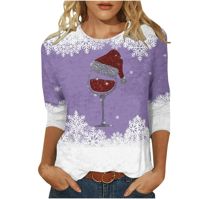 onlyliua Merry Christmas Shirt for Women 3/4 Sleeve Tops and Blouses Printed Graphic Blouse Tees Cute Reindeer Snowflake T Shirts on Clearance Christmas Gifts
