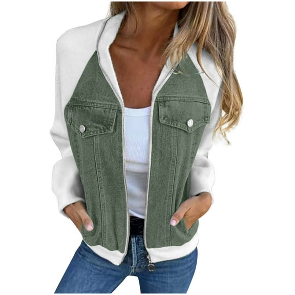 ChaoHeng Womens Jackets Lightweight Trendy Fashionable,Women's Splicy Solid Color Pocket Cardigan Jacket Zippered Jacket Long Sleeved Casual Coat(Green,L)