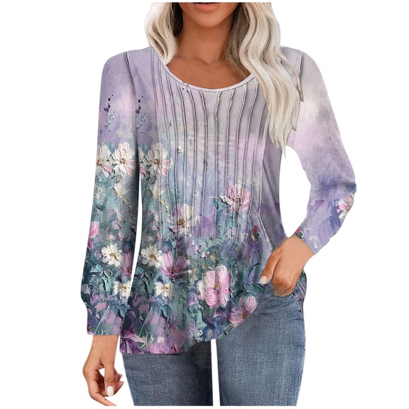 ChaoHeng Womens Long Sleeve Blouses Dressy,Women's Casual Long-sleeved Loose Round Neck Non-positioned Printed Top(Blue,S)