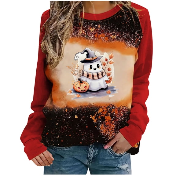 DianGeFu Plus Size Womens Hoodies Pullover Print Round Neck Loose Long Sleeve T-shirt Tops Blouse 2024 Halloween New Trendy(Red,S)