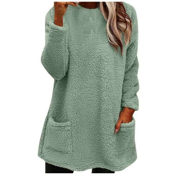 LEAVINGSUO Blouse for Women Long Sleeve Tops Women's Round- Neck and Winter Loose Solid Pocket Warm Long Sleeve Blouse Tops