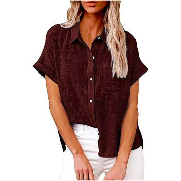 LEAVINGSUO Button Down Shirts for Women, Womens Tops Womens Fashion Women's Tops Fashion Solid Button Shirt Female V-Neck Loose T-Shirt Blouse Tops