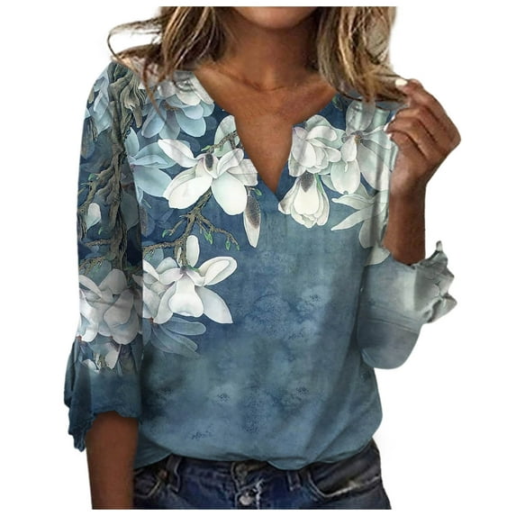 LEAVINGSUO Fall Winter V Neck Long Tops for Women, Womens Tops Clearance Fashion Woman V Neck Three Quarter 3/4Sleeve T Shirt AutumnBlouse Tops Sweatshirt
