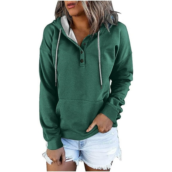 LEAVINGSUO Hooded Sweaters for Women,Women's Fashion Printed Pocket Long Sleeve Blouse Casual Tops Sweatershirt Button Hoodies