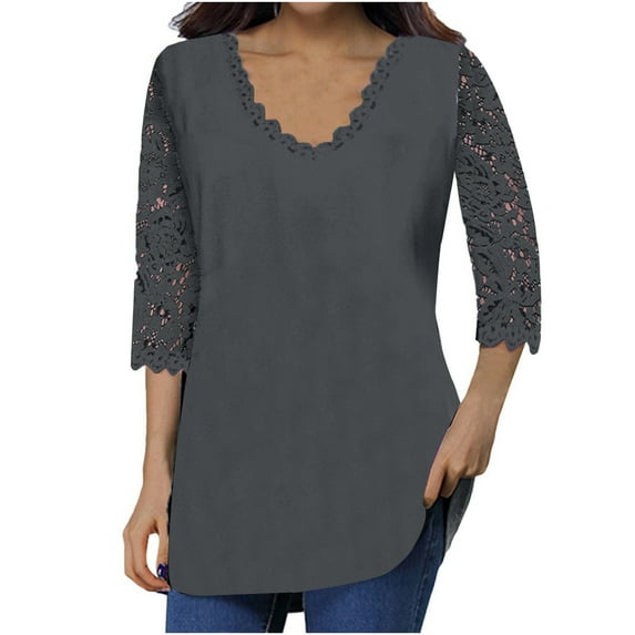 LEAVINGSUO Long Sleeve Shirts for Women, Fall Womens Tops Fashion Women's Casual V-Neck Lace Lace T-Shirt Flower Print 3/4 Sleeve
