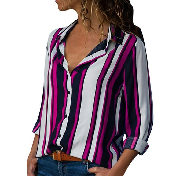 LEAVINGSUO Long Sleeve Shirts for Women, Fall Womens Tops Women Casual Cuffed Long Sleeve V-Neck Button Up Striped Shirt Blouse Tops