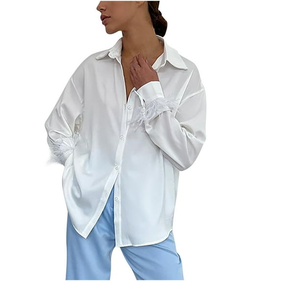 LEAVINGSUO Long Sleeve Shirts for Women, Fall Womens Tops Women's Fashion Loose Long Sleeve Blouse V-Neck Casual Pullover Tops Blouses