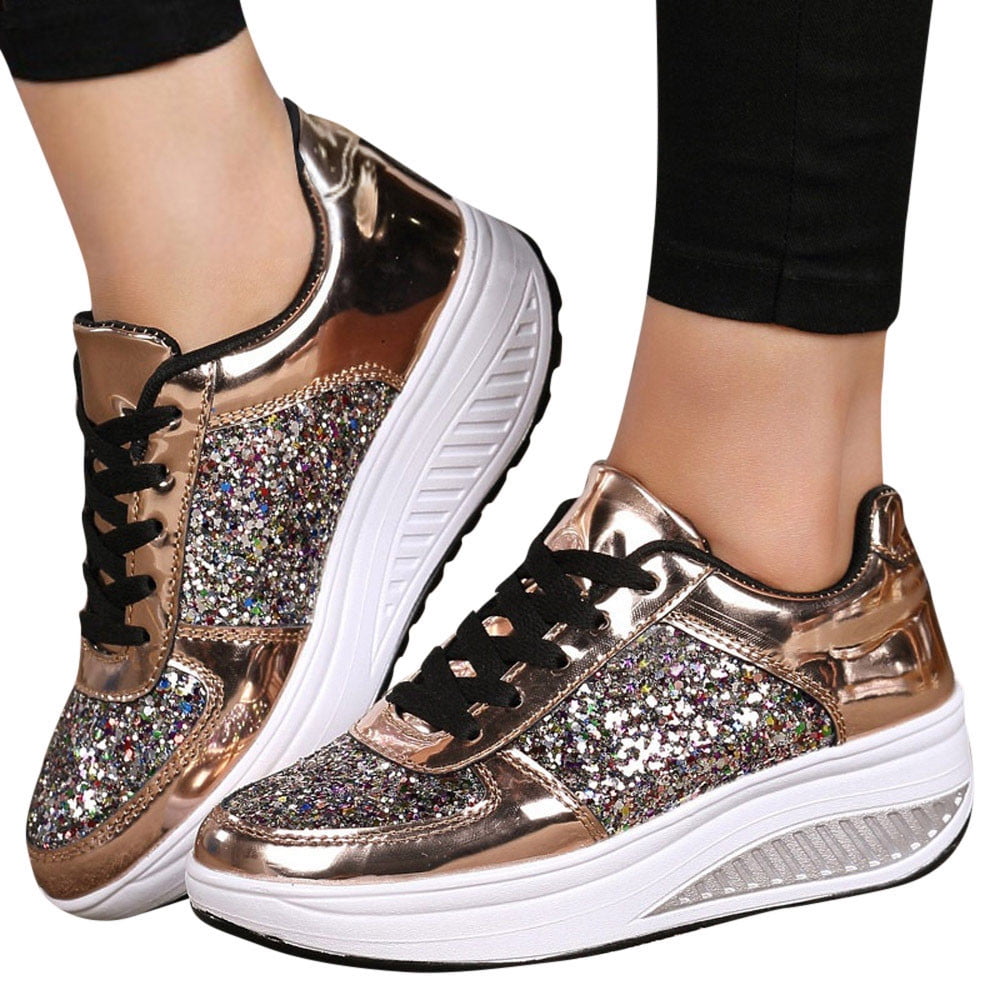 50% Off Clear! asdoklhq Women Sneakers Clearance Under $15,Women's Ladies Wedges Sneakers Sequins Shake Shoes Girls Sport Shoes