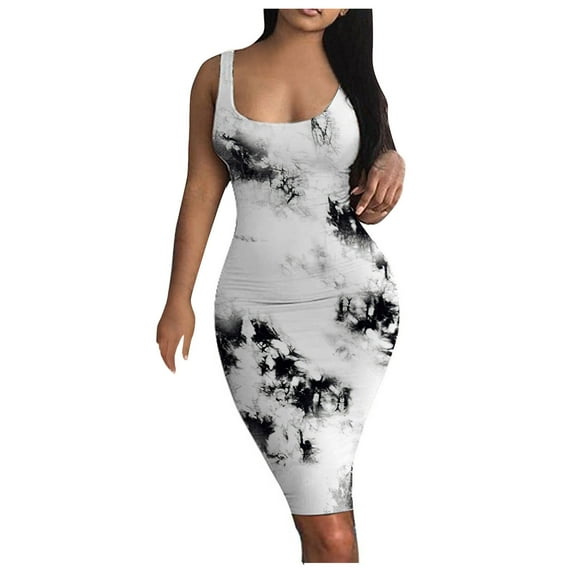 Black and Friday Deals 50% Off Clear! asdoklhq Womens Plus Size Clearance Dresses,Women's Gradient Print Sleeveless Tight O-Neck Short Dress Summer Dresses
