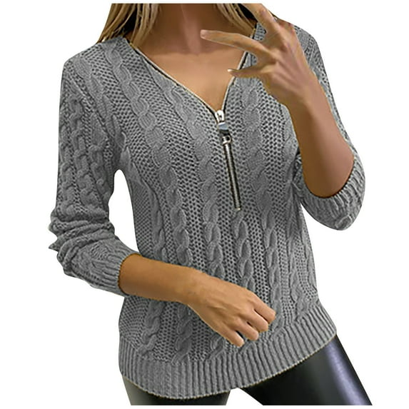 Black and Friday Deals 50% Off Clear! asdoklhq Womens Plus Size Tops Clearance,Woman Tops Classic V-Neck Long Sleeve Zipper Solid Color Sweater Blouse