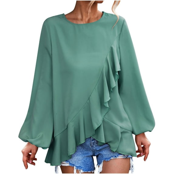 2025 Clearance! 50% Off Clear! asdoklhq Womens Plus Size Tops Clearance,Women's Spring And Autumn Casual Temperament Round Neck Solid Color Lantern Sleeve Ruffle Irregular Long Sleeve Top