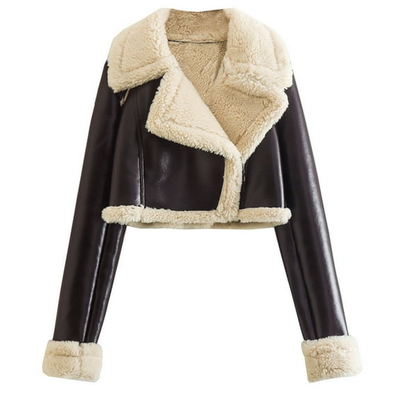 CZHJS Women's Solid Color Cropped Jacket Winter Clothes Trendy Sherpa Lined Coat Oversized Hoodie Long Sleeve Zip up Coffee L