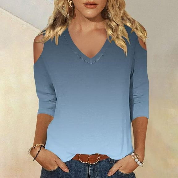 GaThRRgYP 3/4 Sleeve Length Sleeve Women's Shirts,Women's Fashionable Casual 3/4 Sleeve Off Shoulder V-neck Printed Top Blue L