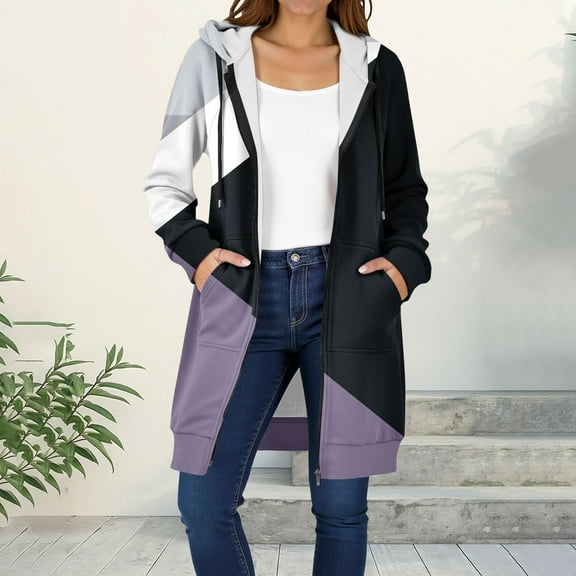 GaThRRgYP Coats for Women with Hood,Women's Winter Casual Zipper Long Sleeve Pocket Hooded Mid-Length Printed Jacket Black XL
