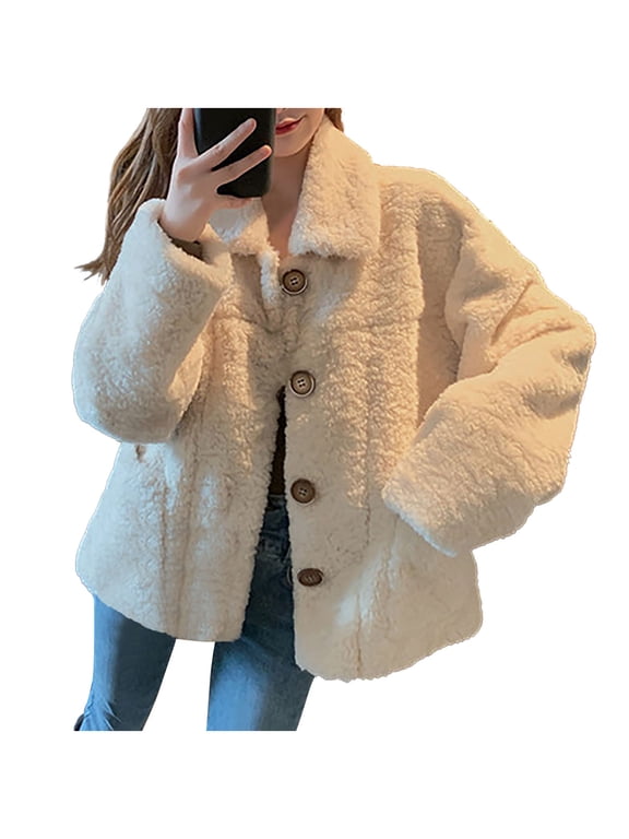 Stylish Winter Lounge Jacket for Ladies Autumn,Women's Fashionable Casual Loose Solid Color Button Jacket Top Beige S